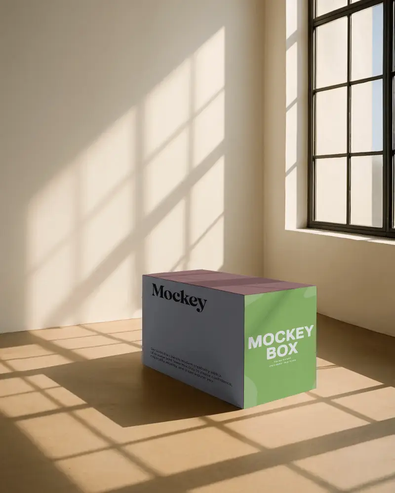Modern Simple Box Mockup At Stylish Empty Room Illuminated By Large Grid Window Light