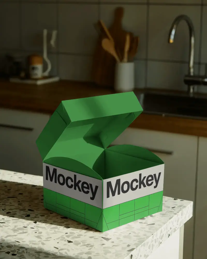 Open Top Gift Box Mockup On Counter Modern Kitchen Background For Branding