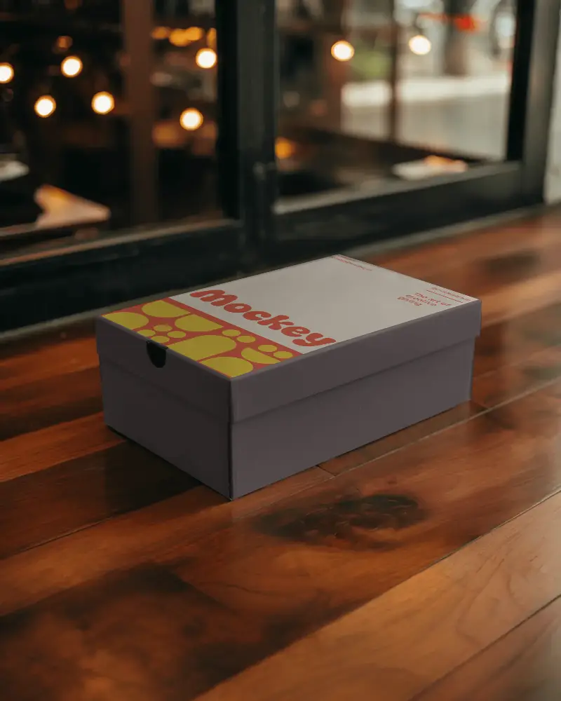 Minimalist Closed Shoe Box Mockup With Clean Texture On Wood Table Outdoor Setting