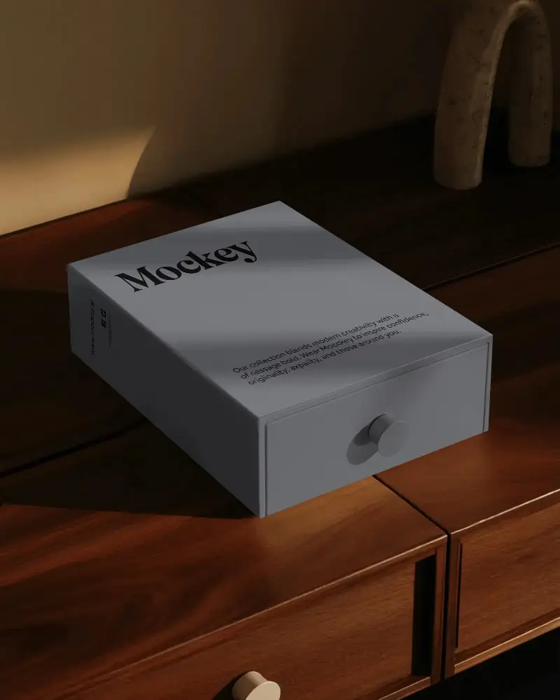 Sleek Modern Minimalist Drawer Box Mockup On Wooden Surface For Home And Office Storage
