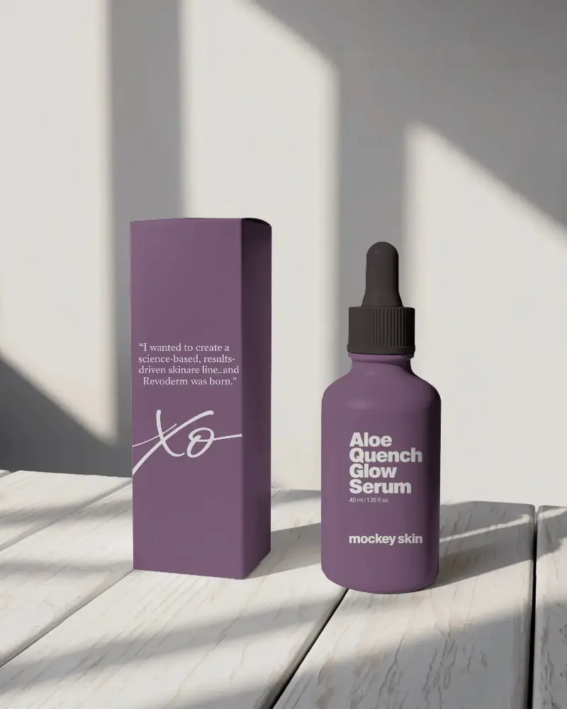 Cosmetic Dropper Bottle And Tall Box Mockup On White Wooden Table With Soft Shadow