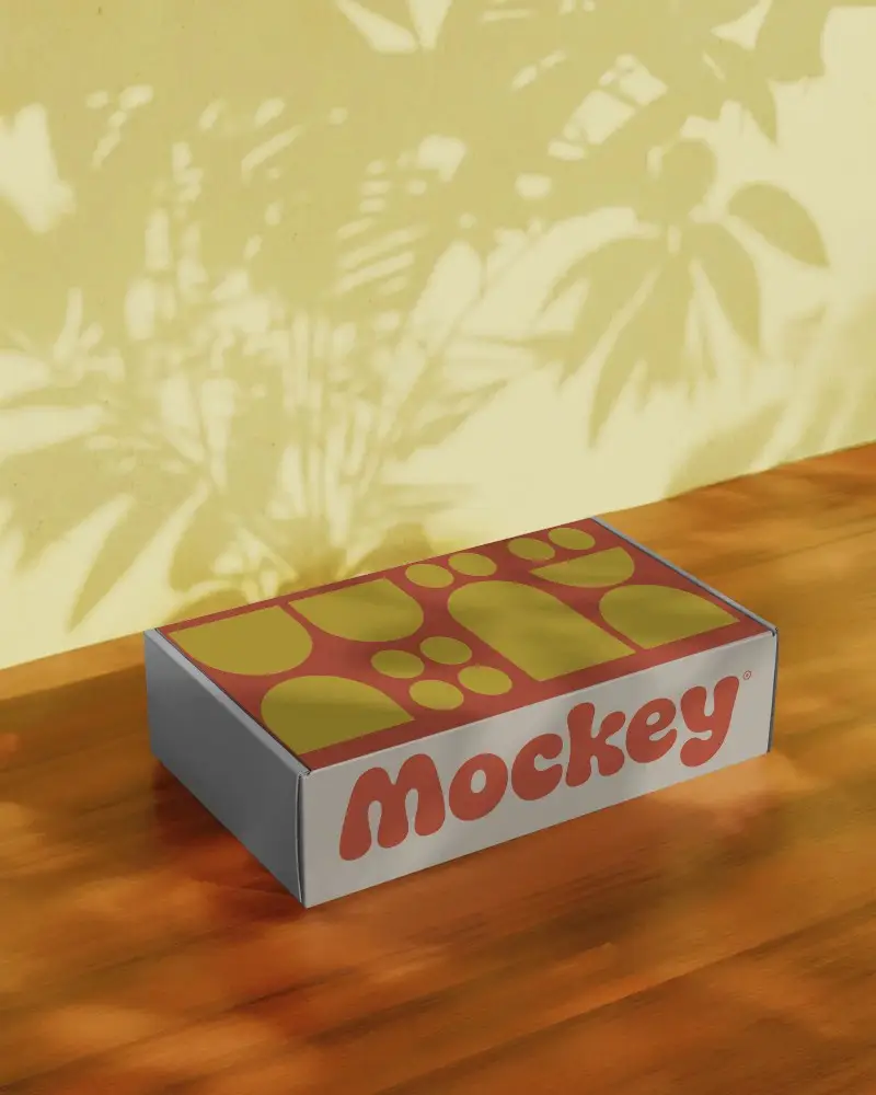 Minimalistic Flat Packaging Box Mockup On Wooden Table With Light And Shadow Play