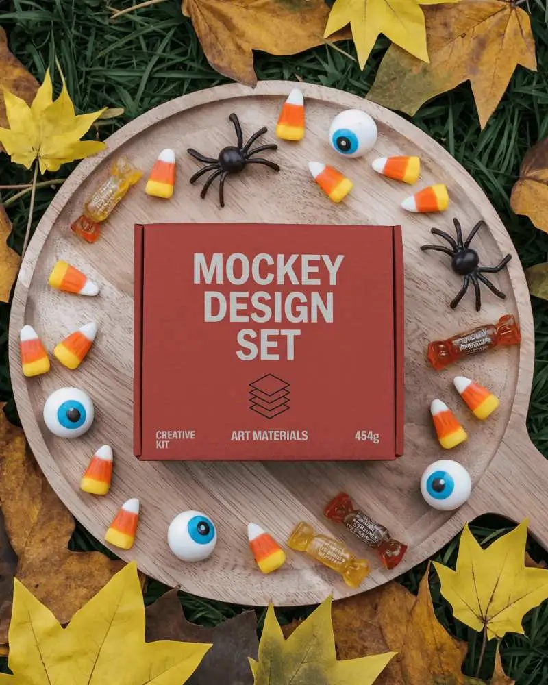 Halloween Themed Box Mockup With Candy Eyeballs Spiders And Autumn Leaves Around