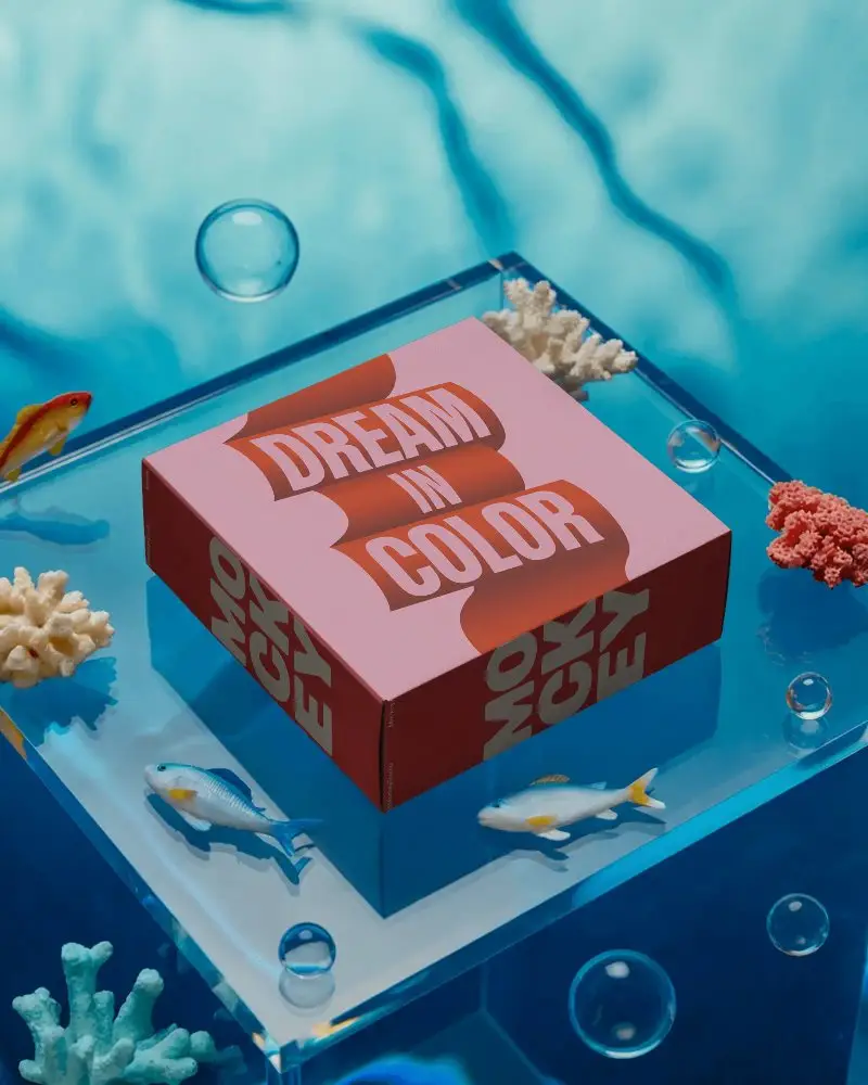 Premium Packaging Box Mockup In Aquatic Themed Setting With Crystal Clear Acrylic Base