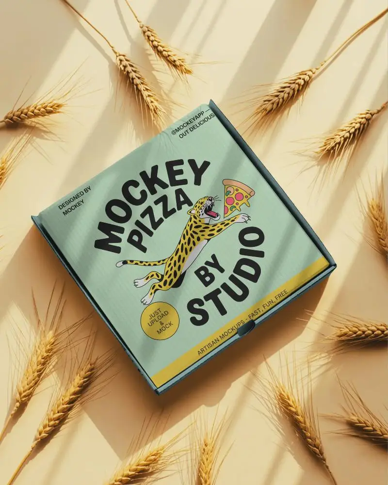 High Resolution Flat Lay Pizza Box Mockup Surrounded By Dried Wheat Elements For Advertising