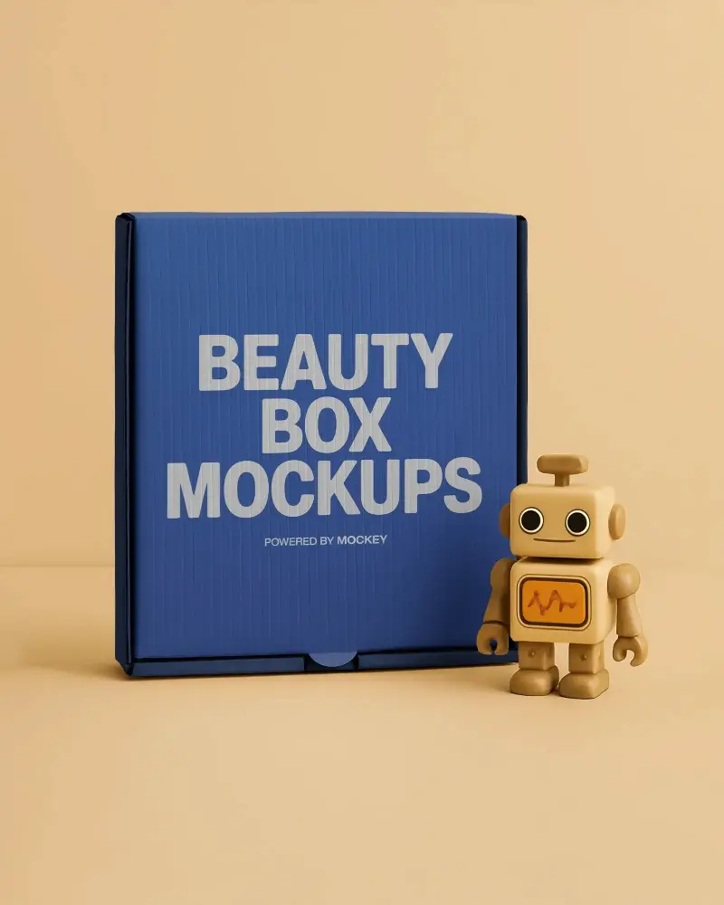 Cardboard Square Box Mockup With Textured Front And Cute Robot Figurine Display Outcome
