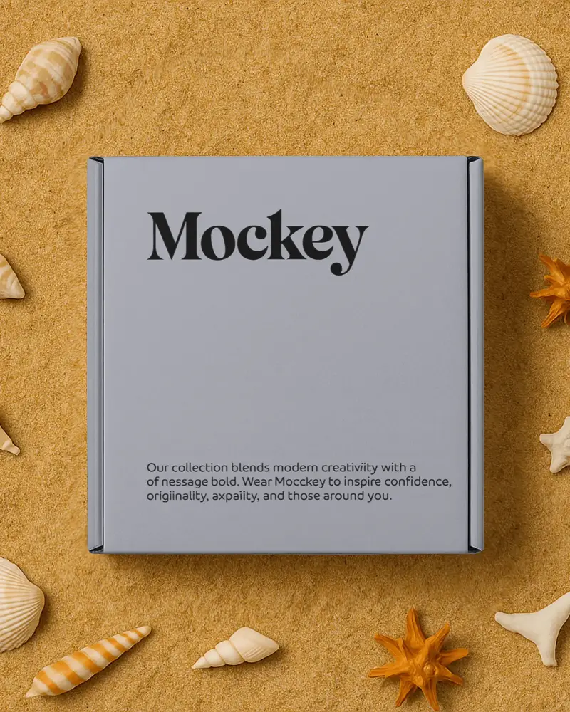 Sleek Square Box Mockup On Natural Sand With Seashells And Starfish Around