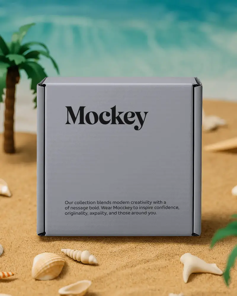 Eco Friendly Rigid Box Packaging Mockup With Seashells And Beach Themed Background