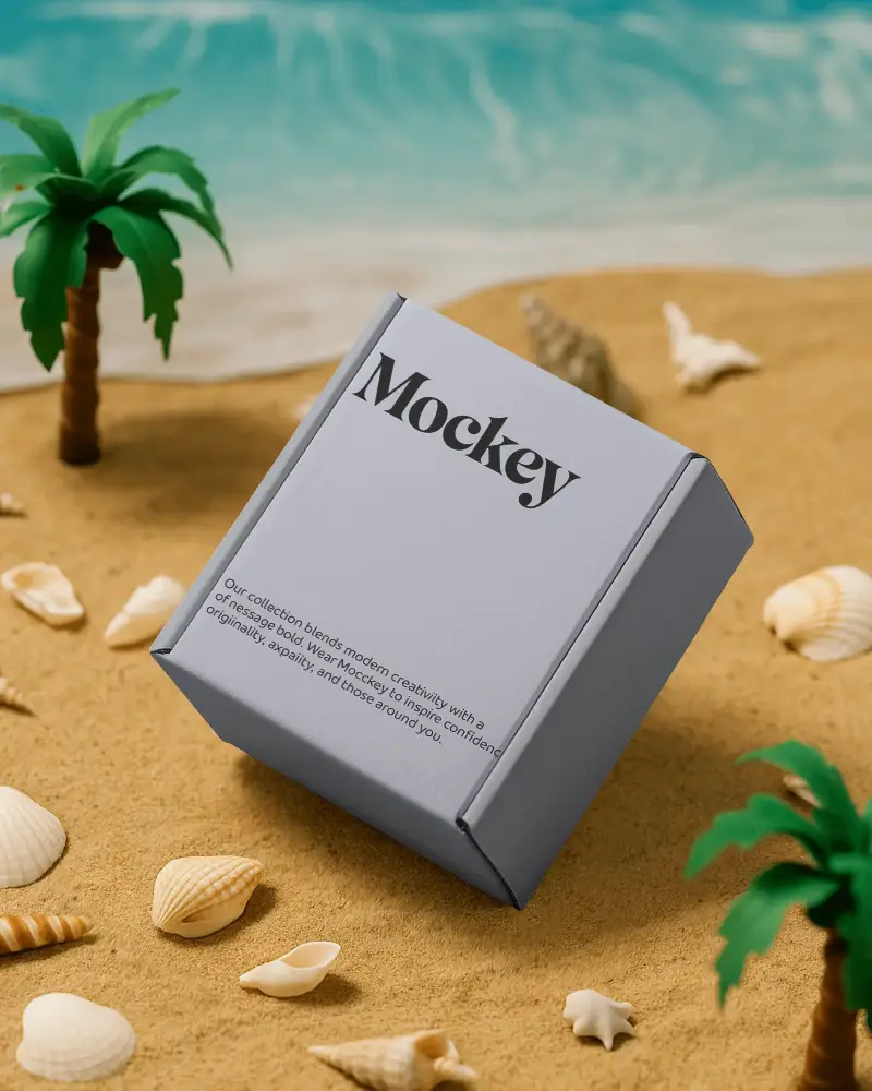 Premium Eco Friendly Packaging Box Mockup On Natural Sandy Beach Setting For Brand Presentation