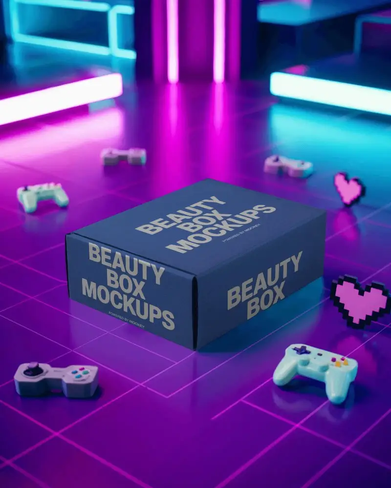Neon Arcade Box Mockup Mailer Set On Retro Gaming Grid With Controllers And Pixel Hearts