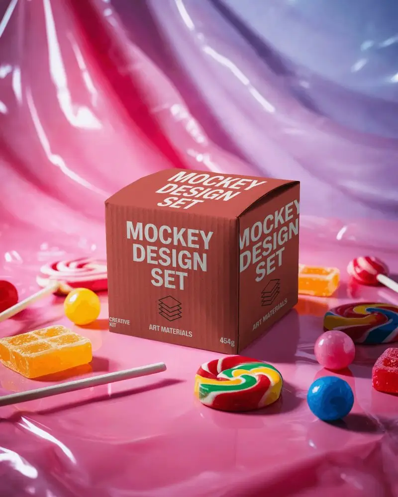 Candy Paradise Box Mockup Sweet Packaging Surrounded By Colorful Lollipops And Treats