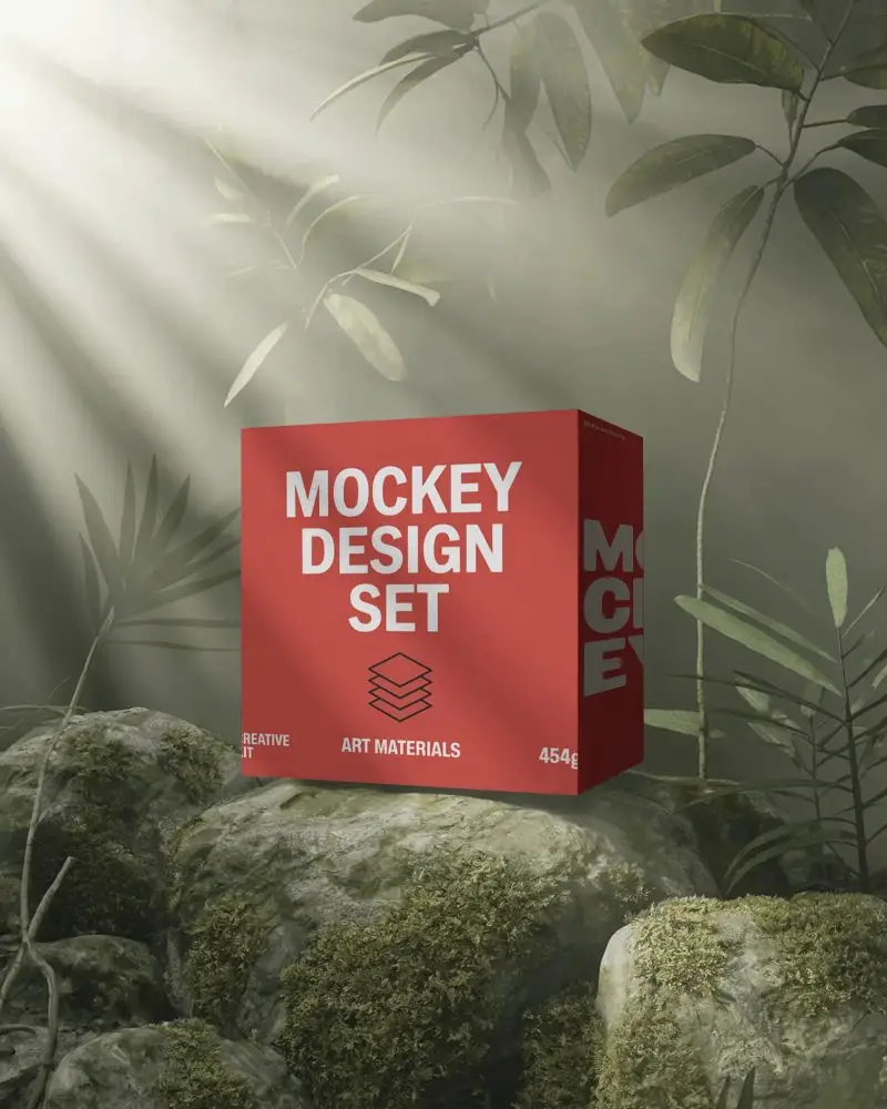 Forest Halo Box Mockup Minimal Packaging On Mossy Rocks Under Soft Sunbeams