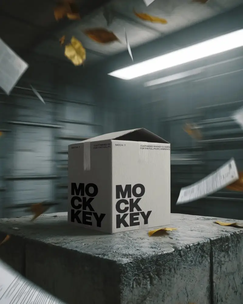 Stormvault Industrial Box Mockup Dramatic Packaging Amid Flying Papers And Motion