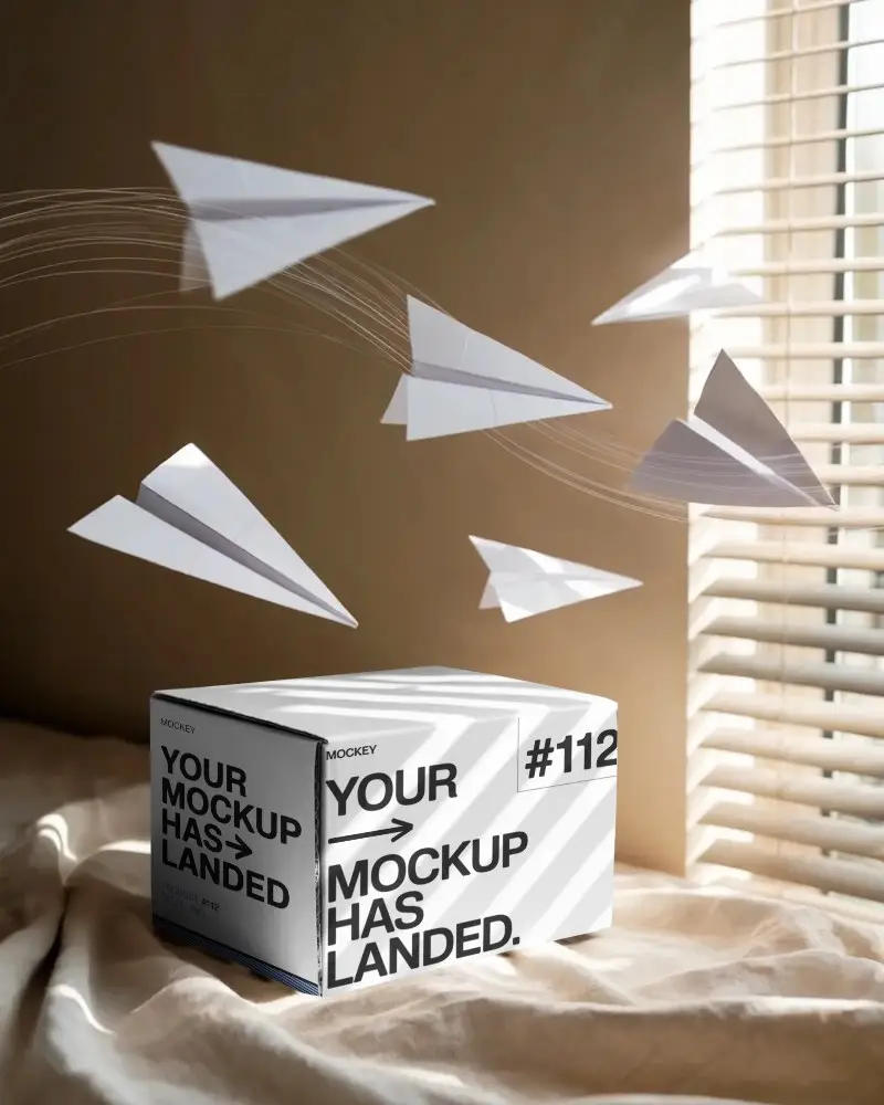 Sleek Minimalist Box Mockup With Floating Paper Planes And Natural Light Patterns