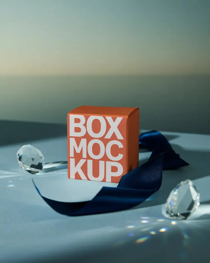 Elegant Gift Box Mockup With Decorative Crystals And Flowing Ribbon Setup