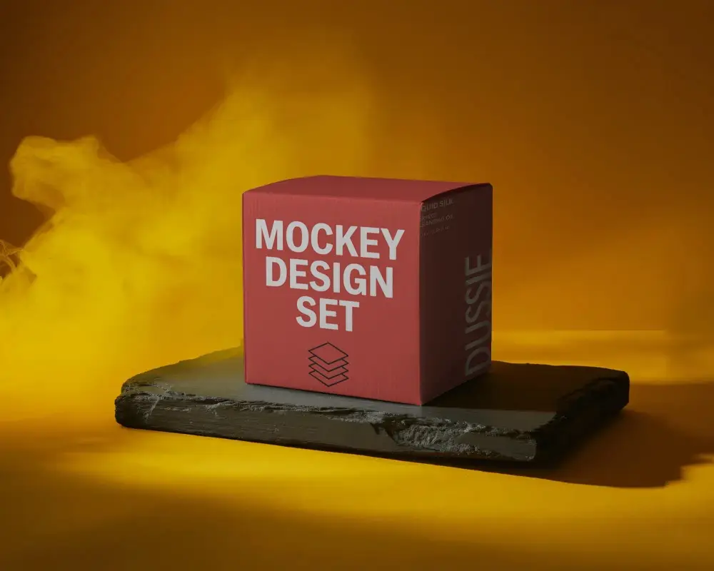Premium Rigid Box Mockup On Textured Slate Platform With Stylish Foggy Background Visual