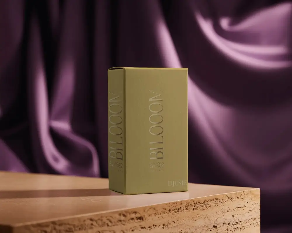 Luxury Rectangular Packaging Box Mockup On Marble Surface With Satin Curtain Background