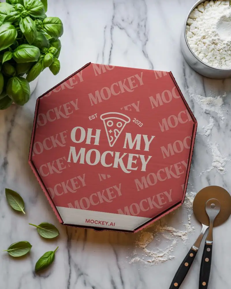 Octagon Shaped Pizza Box Mockup On Marble Table With Basil Leaves And Pizza Cutter Tools