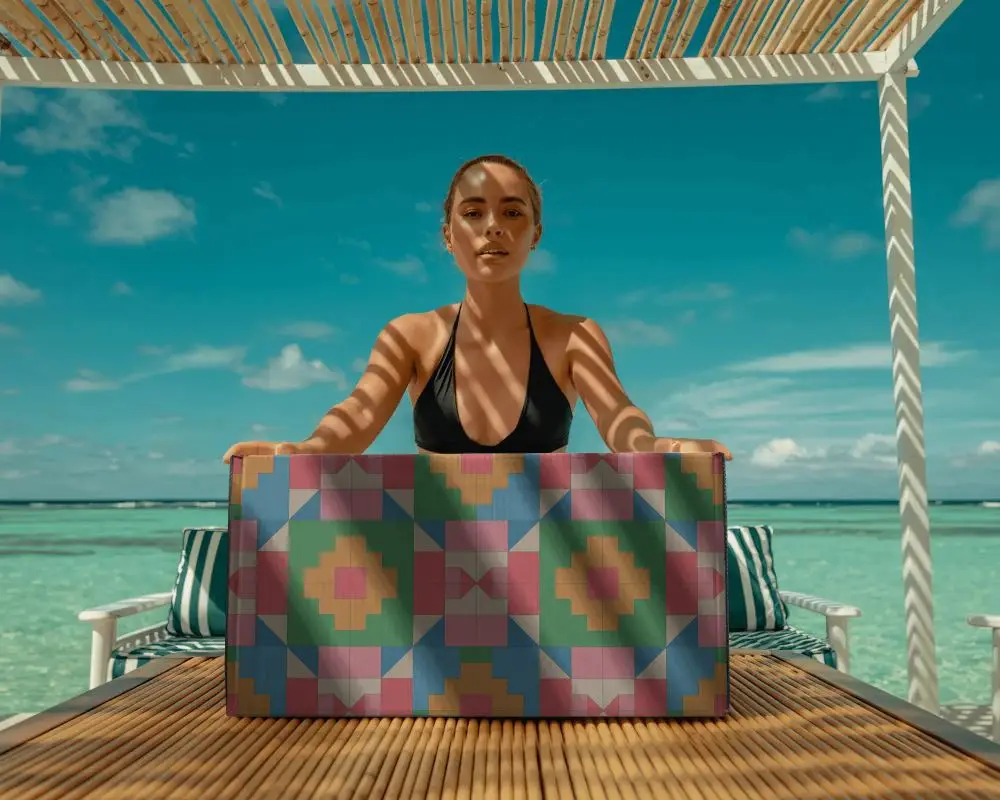 Oceanfront Box Mockup Relaxed Vacation Setting With Natural Sun Shadows