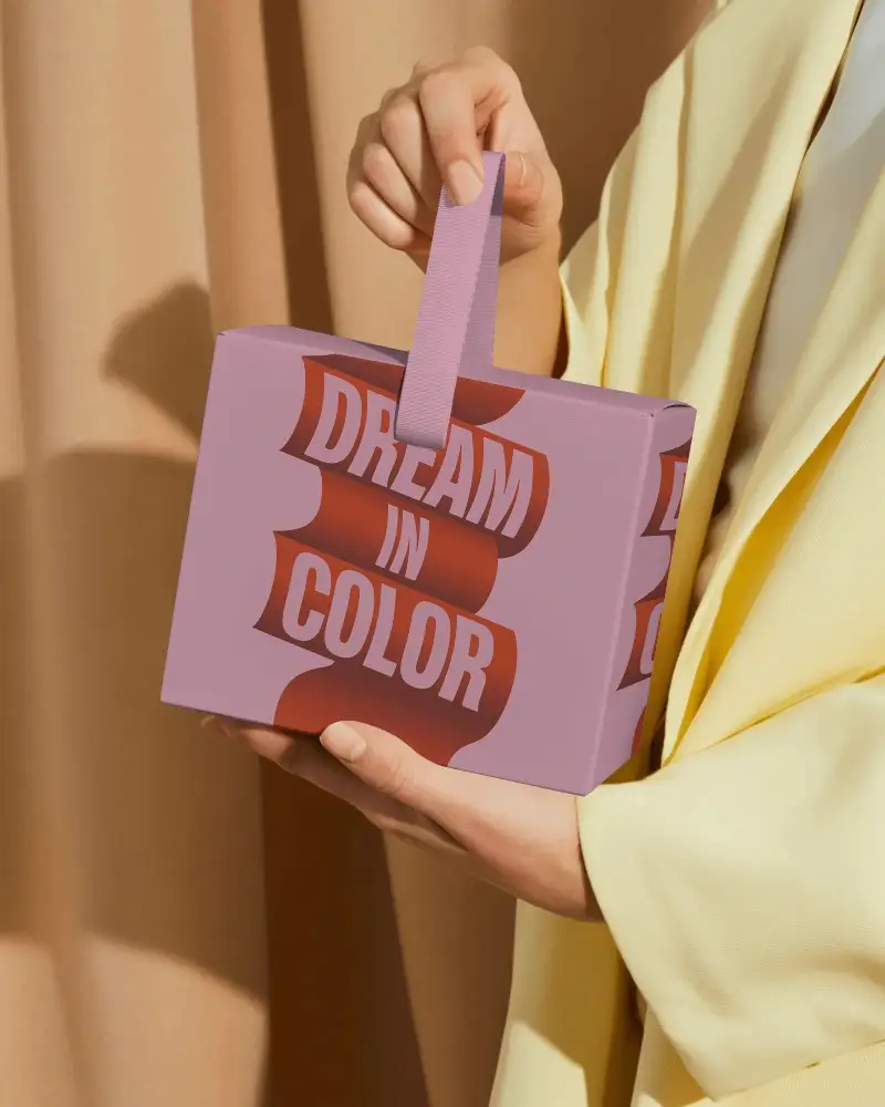 Modern Hand Strap Box Mockup With Soft Neutral Draped Background And Elegant Minimal Hold