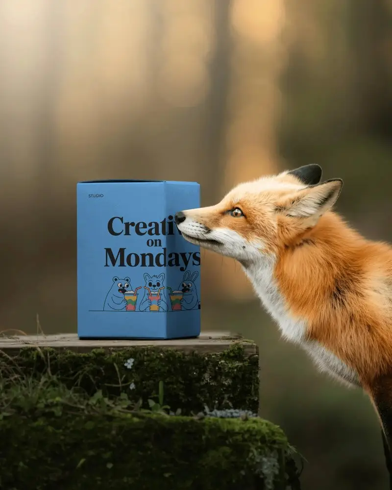 Enchanted Forest Fox Box Mockup With Curious Wildlife Moment And Soft Natural Bokeh Light