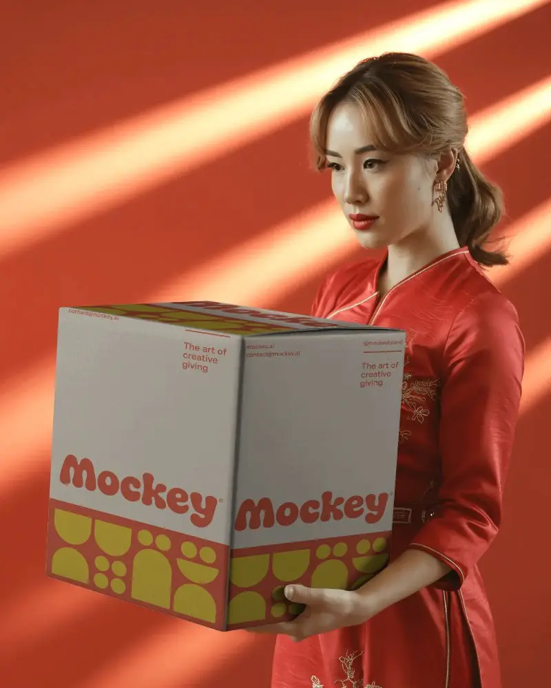 Radiant Cultural Elegance Box Mockup With Dramatic Light Beams And Poised Figure In Red Attire