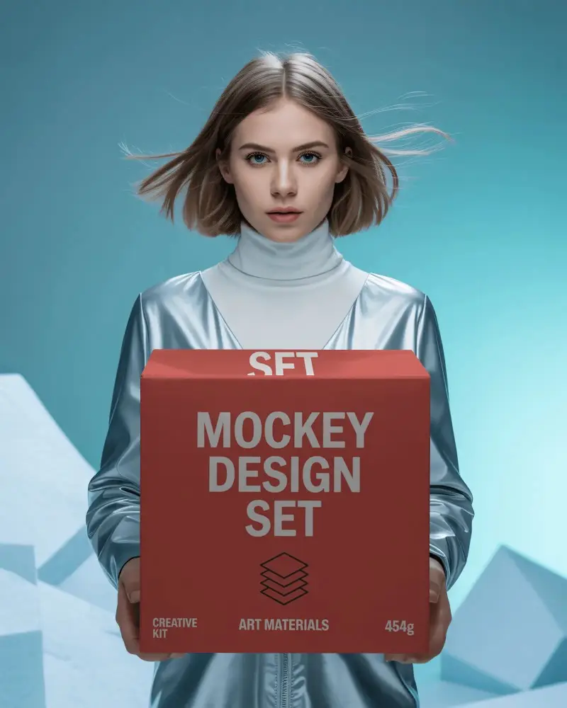 Arctic Aesthetic Box Mockup Featuring Metallic Outfit Details And Crisp Geometric Backdrop