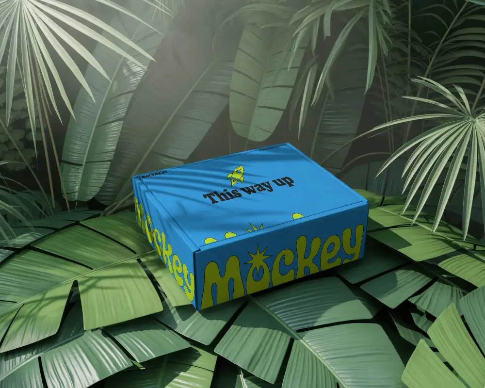 Tropical Jungle Floor Box Mockup With Lush Green Foliage And Soft Dappled Sunlight Shadows