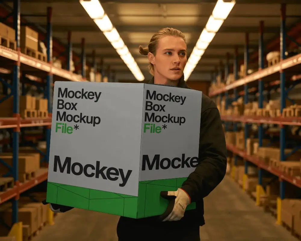 Industrial Warehouse Aisle Box Mockup With Focused Worker And Structured Shelving Background