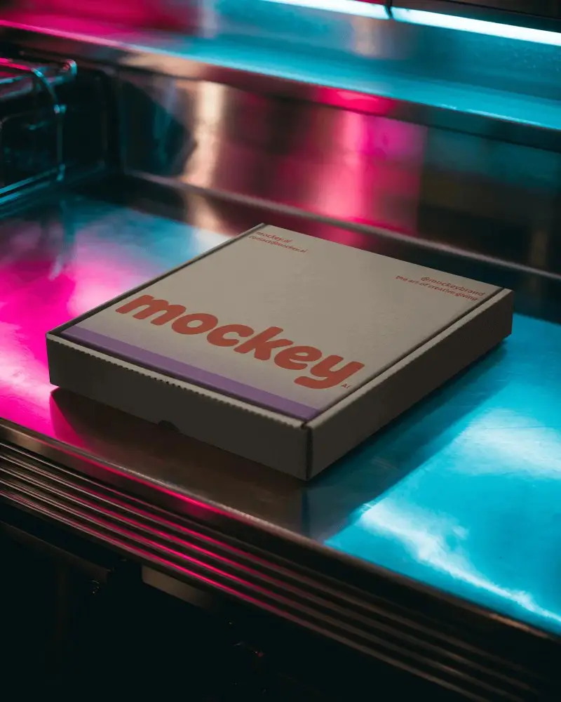 Neon Reflection Metal Counter Box Mockup With Bold Cyberpunk Lighting And Polished Surface Glow