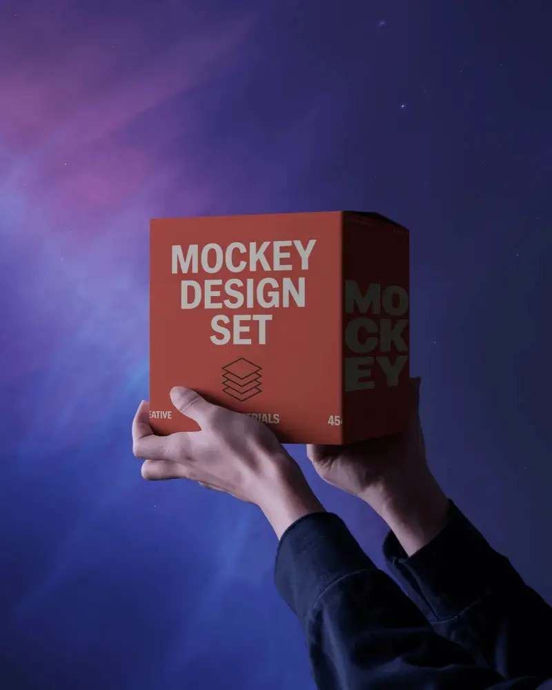 Cosmic Nebula Sky Box Mockup With Elevated Handhold And Ethereal Galactic Background