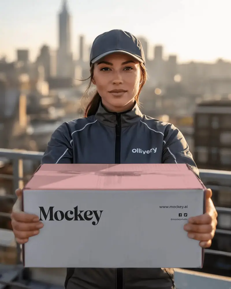 Urban Package Delivery Service Box Mockup Holding Closed Shipping Container