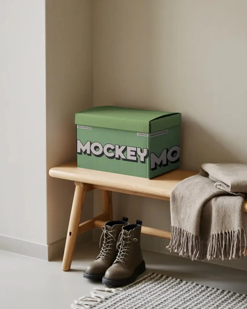 Sturdy Storage Box Mockup Placed On Wooden Bench With Shoe Accessories Interior Setup