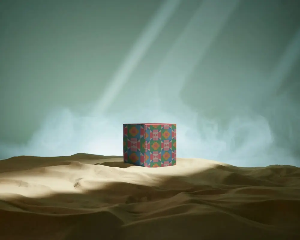Minimalistic Cube Box Mockup On Soft Textured Surface With Misty Background Light Effects