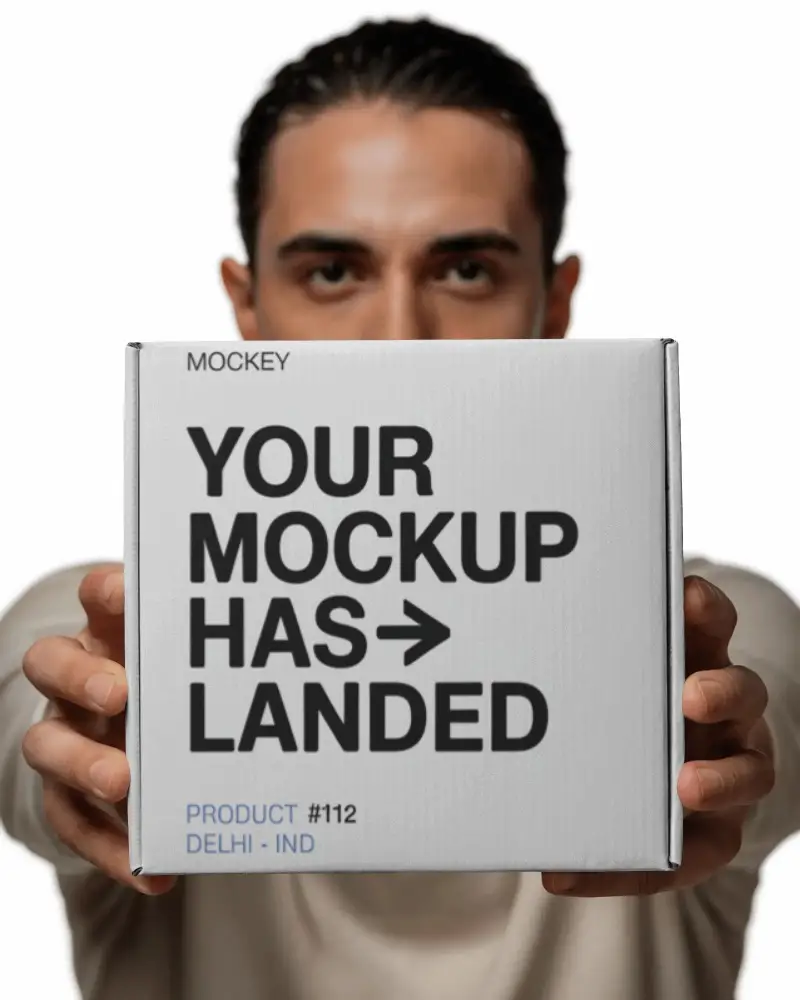 Person Holding Square Product Box Mockup Front View Minimalist Packaging Design For Branding