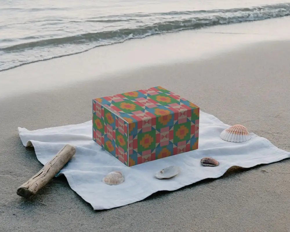 Luxury Product Box Mockup With Sharp Edges Placed On Fabric Near Beach Elements Scene