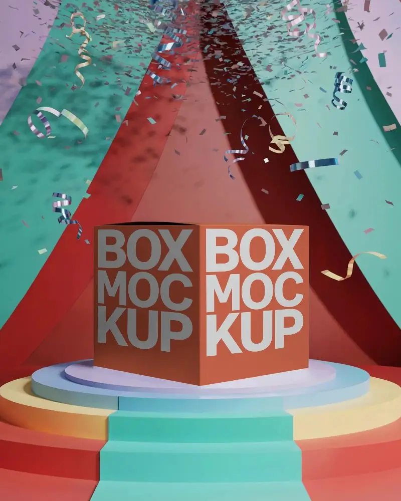 Sleek Square Box Mockup For Brand Presentation On Multilayered Colorful Podium Display