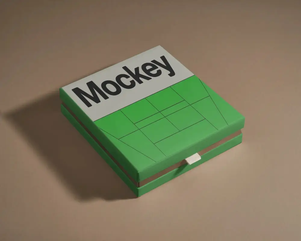 Premium Square Drawer Style Box Mockup With Ribbon Puller For Branded Packaging Presentations