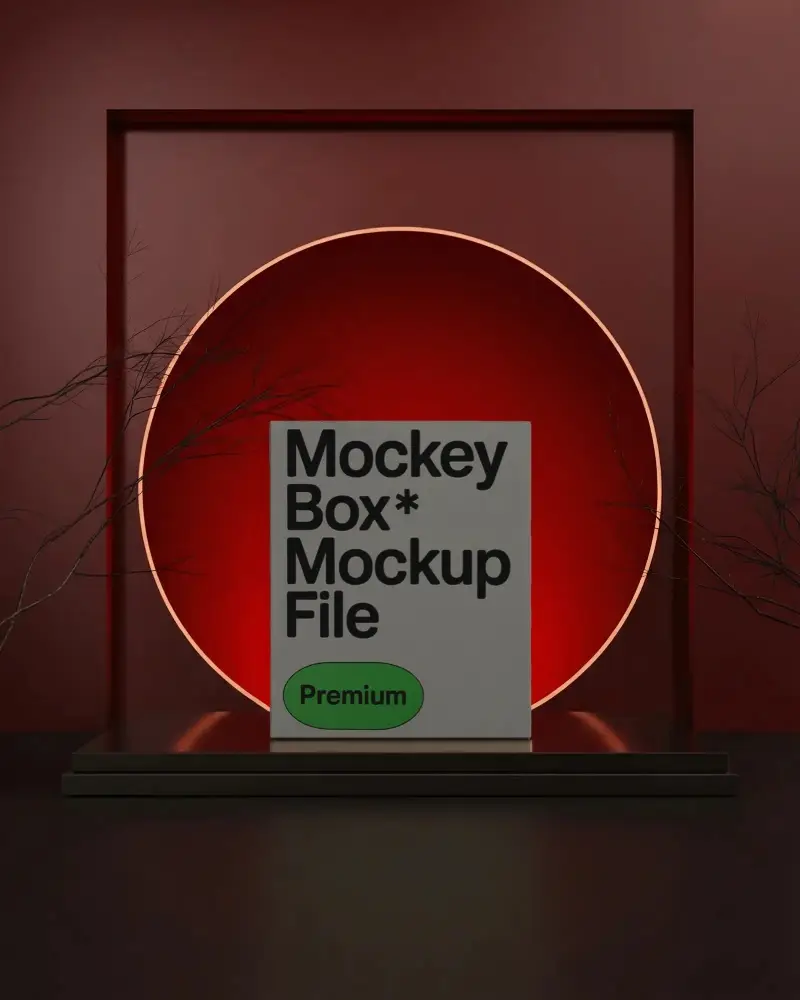 Futuristic Square Box Mockup Showcase With Ambient Backlighting And Artistic Element Accents