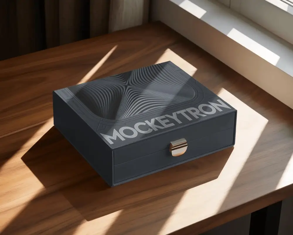 Realistic Square Gift Box Packaging Mockup With Lockable Flap On Modern Tabletop