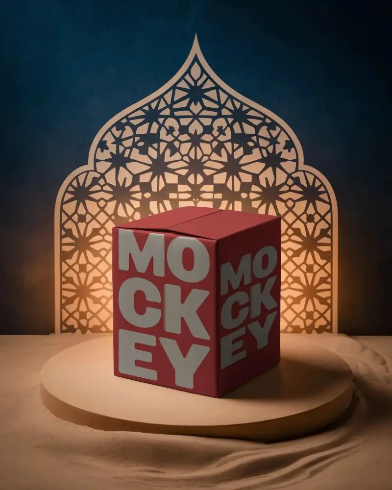 Premium Packaging Box Mockup With Unique Geometric Backdrop For Modern Branding Use