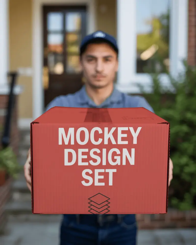 Front Facing Large Box Mockup Corrugated Cardboard Shipping Box Held By Delivery Person