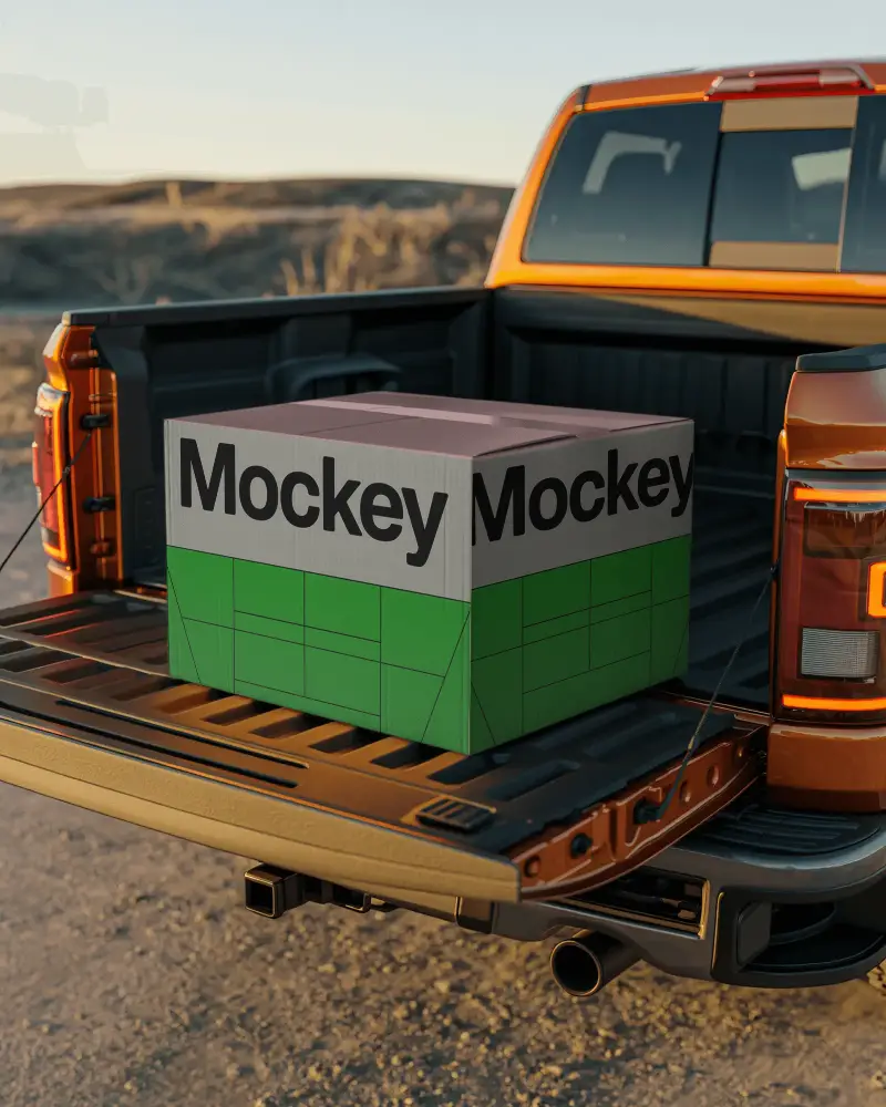 Sturdy Closed Box Packaging Mockup On Vehicle Tailgate For Delivery And Logistics