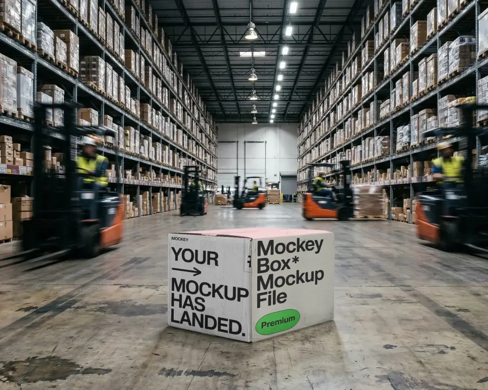 Cardboard Shipping Box Mockup In Busy Warehouse With Forklifts And Stacked Inventory Around