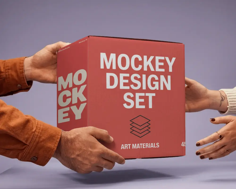 Hands Passing Plain Corrugated Box Mockup For Efficient Safe Logistics And Ecommerce Shipping