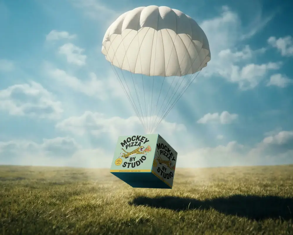 Realistic Parachute Box Design Mockup Highlight For Creative Packaging And Marketing Showcase