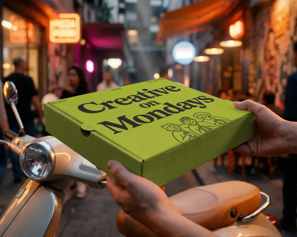 Close Up Food Packaging Box Mockup In Hands On Blurred City Lights Background