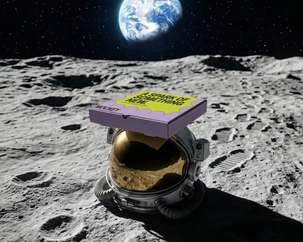 Space Helmet With Packaging Box Mockup On Moon Surface Astronaut Equipment