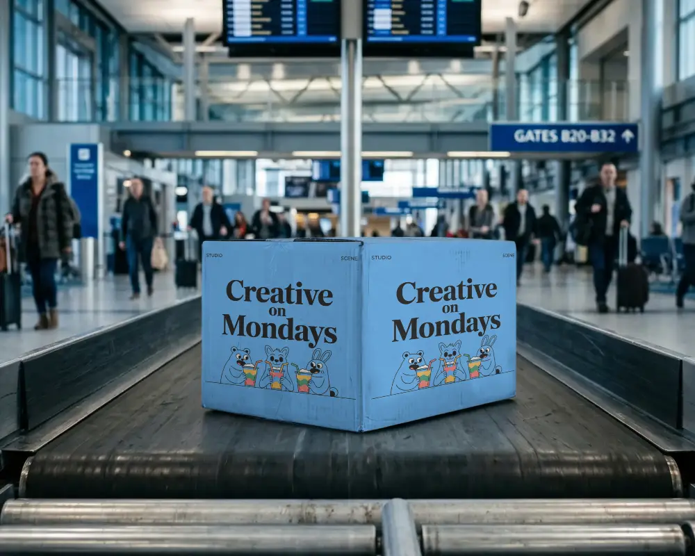 Cardboard Shipment Box Mockup Moving Along Belt In Airport Luggage Area