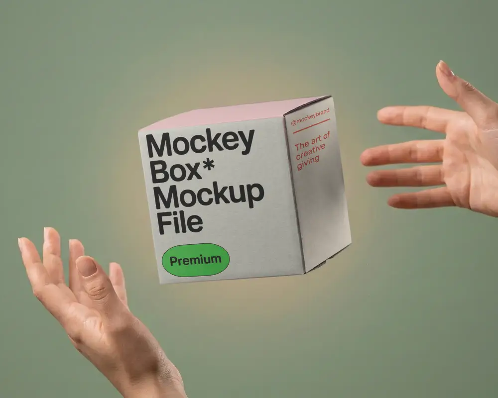 Realistic Floating Box Mockup With Open Hands Isolated Minimalistic Background Design Idea